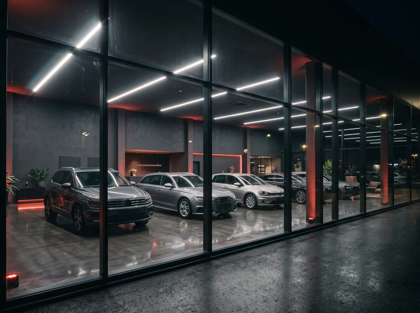 Moderní showroom ojetých vozů v noci
